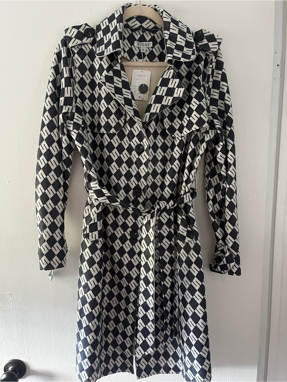 Adore Black & White Geometric Belted Trench Coat